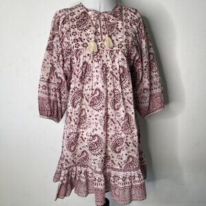 Cleobella Magdalena Mini Dress Paisley Block Print Burgundy White Boho XS